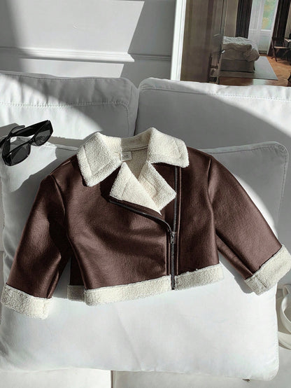 Baby Girl Autumn/Winter Cute Versatile Color-Blocking Thermal-Lined Faux Fur Jacket Fall
