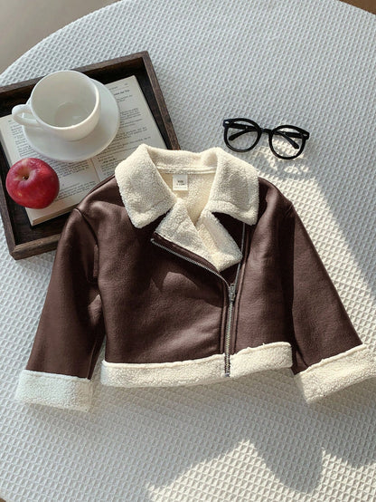 Baby Girl Autumn/Winter Cute Versatile Color-Blocking Thermal-Lined Faux Fur Jacket Fall