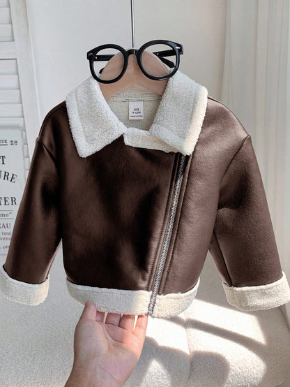 Baby Girl Autumn/Winter Cute Versatile Color-Blocking Thermal-Lined Faux Fur Jacket Fall