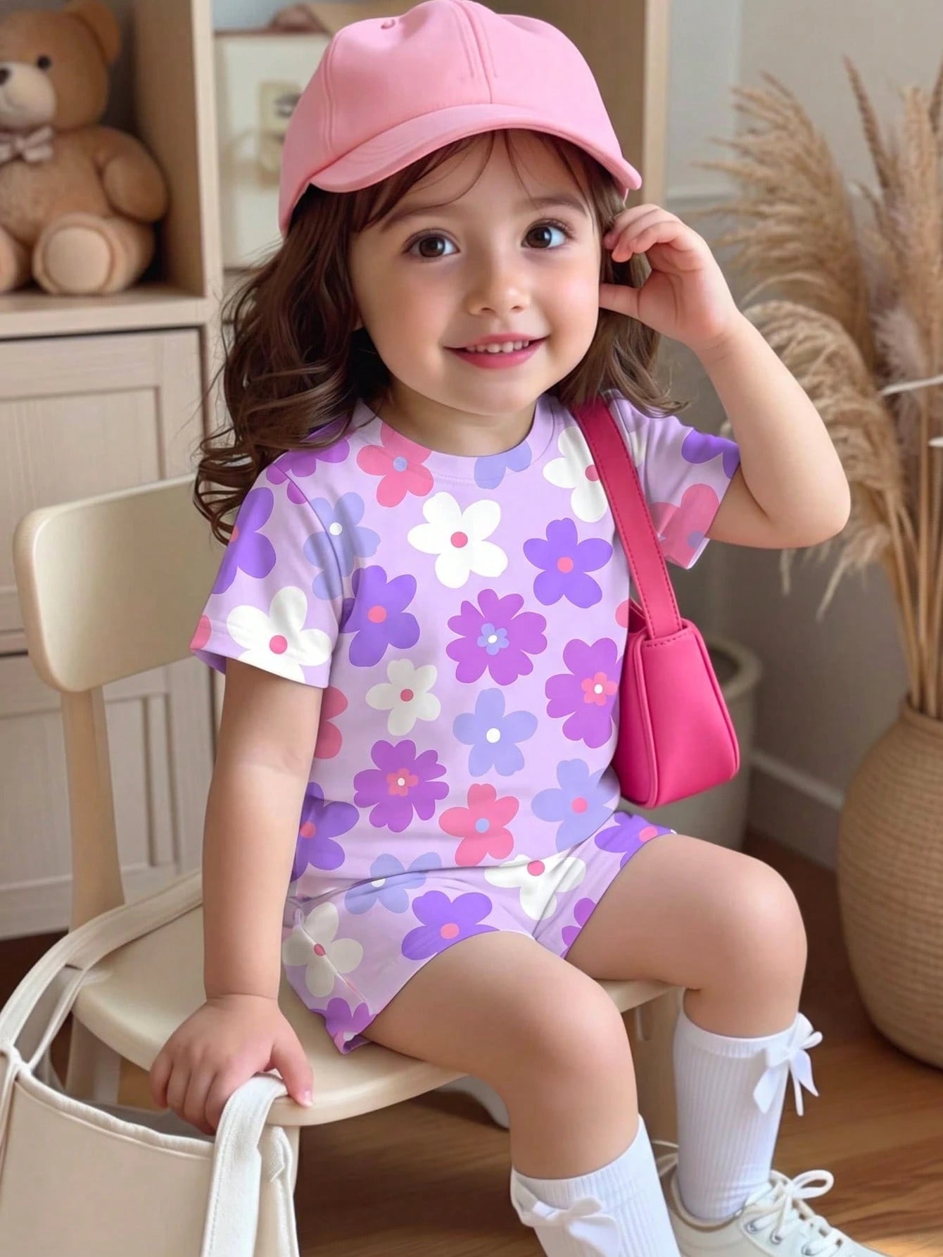 Baby Girl Casual Cute Floral Print Set, Lavender, Round Neck Short Sleeve T-Shirt And Leggings, Suitable For Spring And Summer