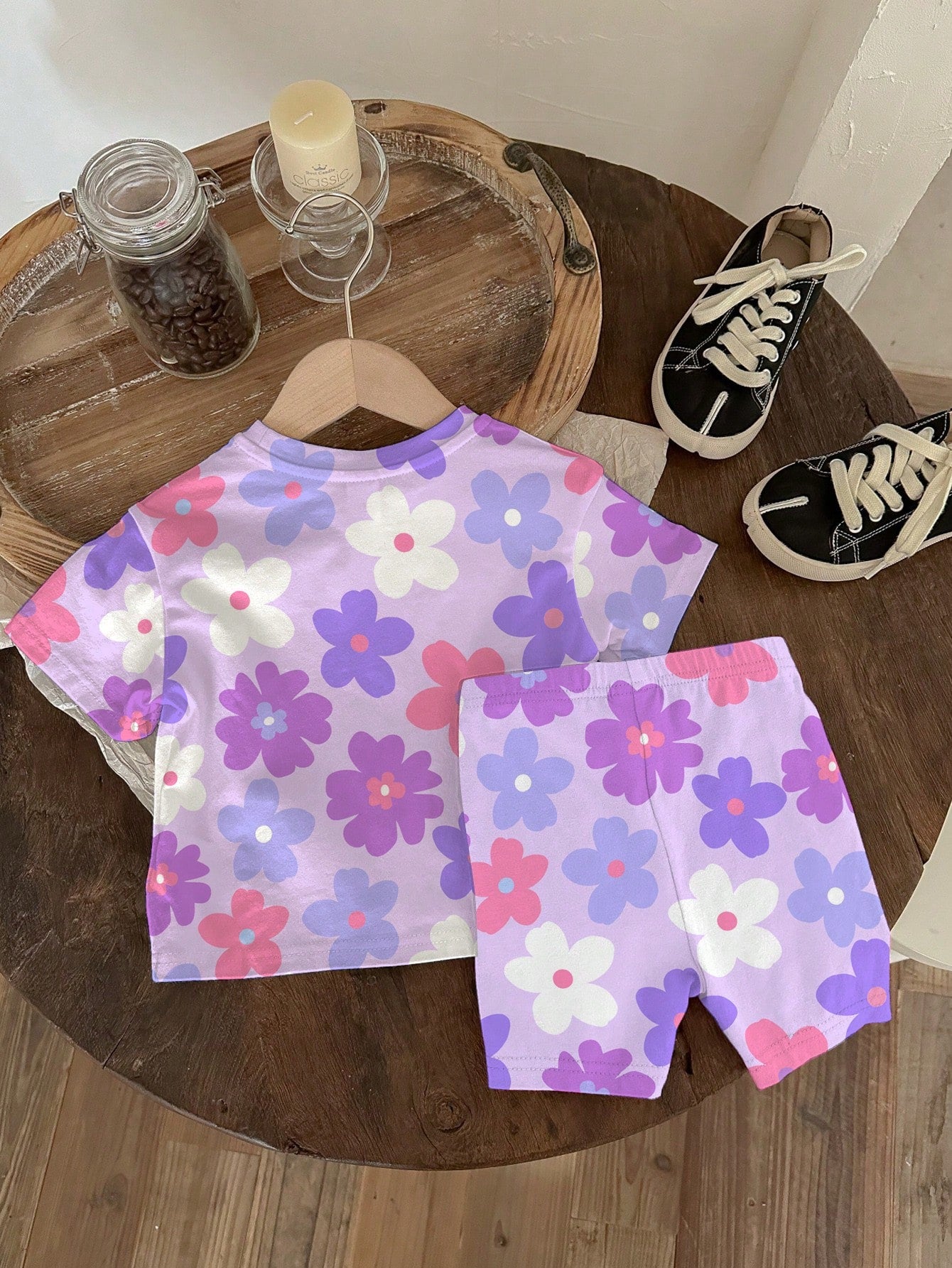 Baby Girl Casual Cute Floral Print Set, Lavender, Round Neck Short Sleeve T-Shirt And Leggings, Suitable For Spring And Summer