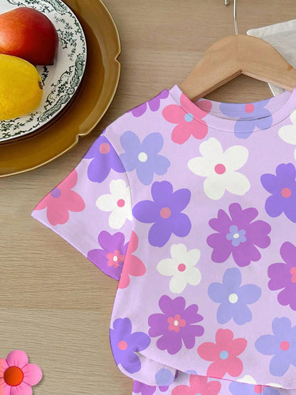 Baby Girl Casual Cute Floral Print Set, Lavender, Round Neck Short Sleeve T-Shirt And Leggings, Suitable For Spring And Summer