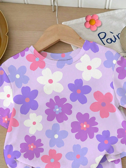 Baby Girl Casual Cute Floral Print Set, Lavender, Round Neck Short Sleeve T-Shirt And Leggings, Suitable For Spring And Summer