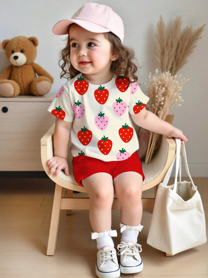 Baby Girl Casual Cute Floral Print Set, Lavender, Round Neck Short Sleeve T-Shirt And Leggings, Suitable For Spring And Summer