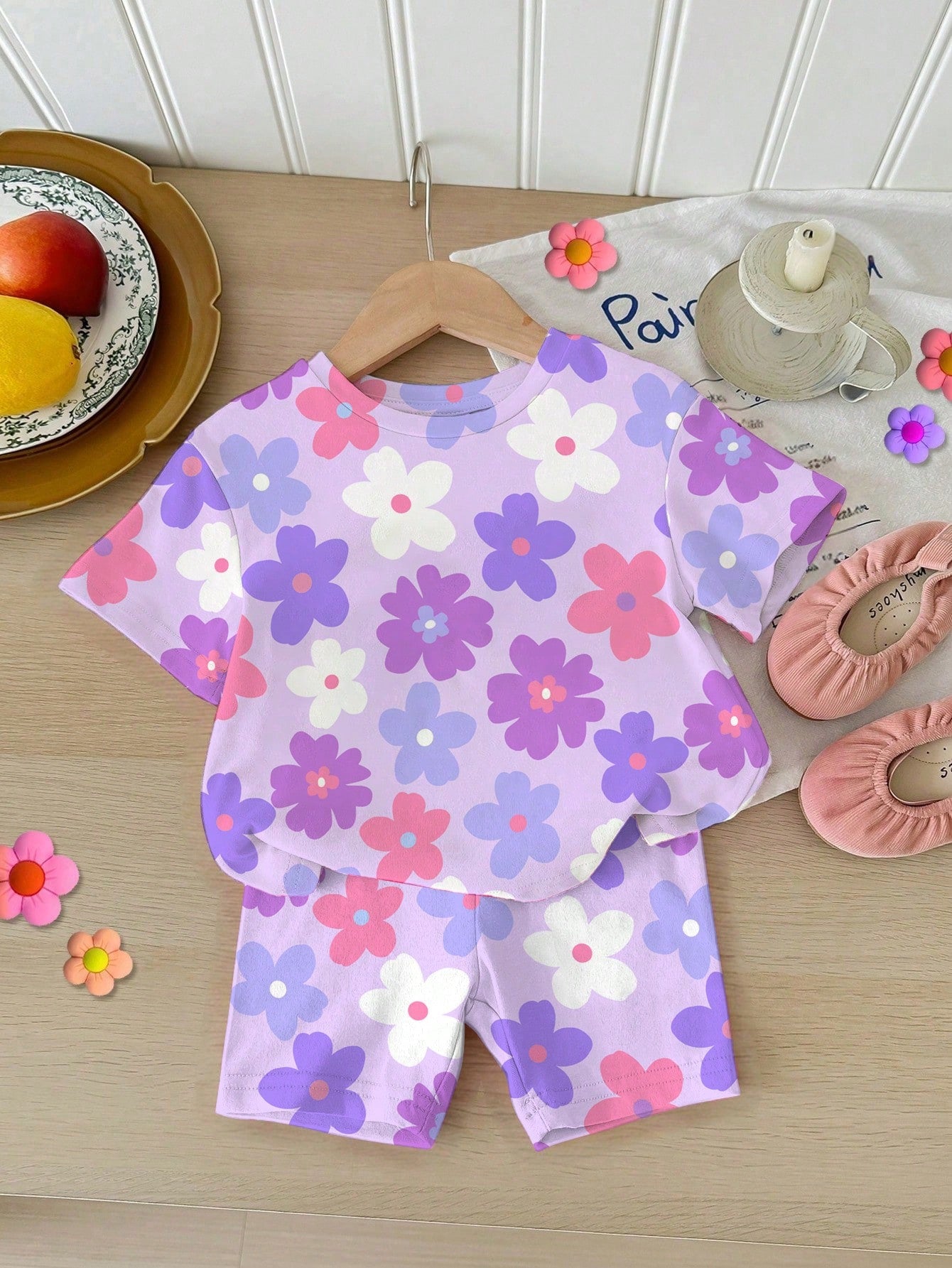 Baby Girl Casual Cute Floral Print Set, Lavender, Round Neck Short Sleeve T-Shirt And Leggings, Suitable For Spring And Summer