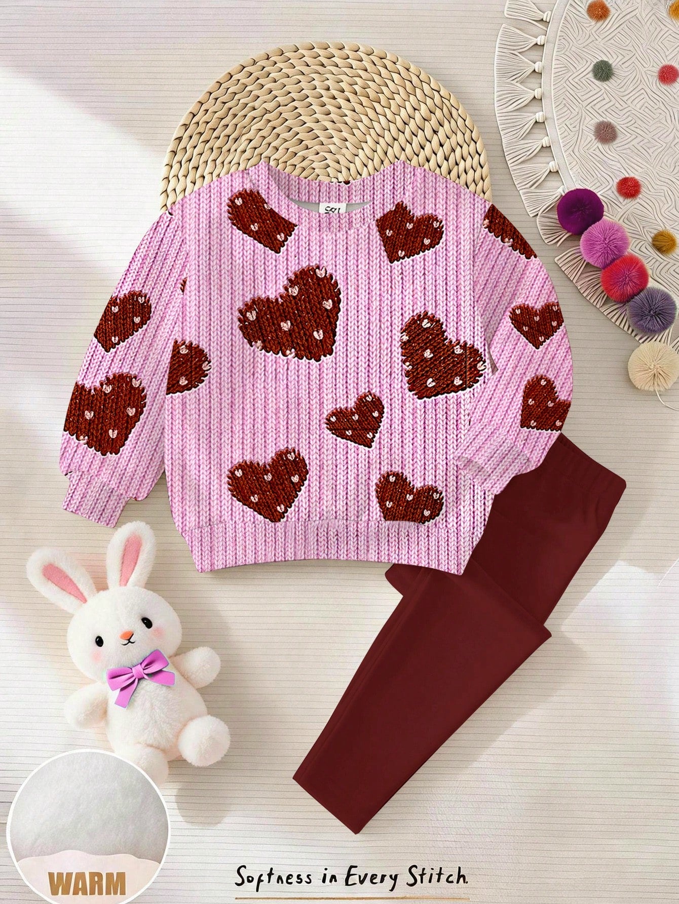 Baby Girl Casual Cute Textured Polka Dot Heart Pattern, Sweet Cream Style, Round Neck Long Sleeve Sweatshirt & Leggings 2-Piece Set, Suitable For Autumn/Winter, Graphic, Cozy, Girls Outfit Sets, Y2K