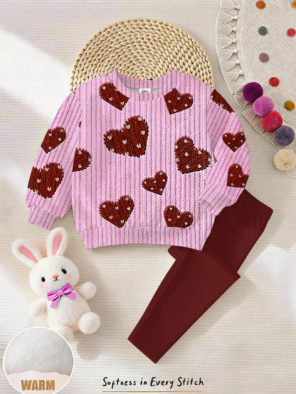 Baby Girl Casual Cute Textured Polka Dot Heart Pattern, Sweet Cream Style, Round Neck Long Sleeve Sweatshirt & Leggings 2-Piece Set, Suitable For Autumn/Winter, Graphic, Cozy, Girls Outfit Sets, Y2K