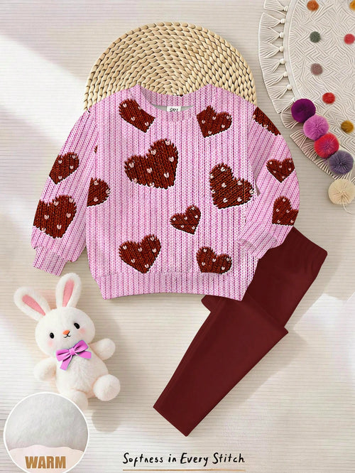 Baby Girl Casual Cute Textured Polka Dot Heart Pattern, Sweet Cream Style, Round Neck Long Sleeve Sweatshirt & Leggings 2-Piece Set, Suitable For Autumn/Winter, Graphic, Cozy, Girls Outfit Sets, Y2K