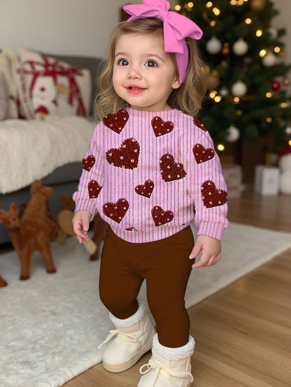 Baby Girl Casual Cute Textured Polka Dot Heart Pattern, Sweet Cream Style, Round Neck Long Sleeve Sweatshirt & Leggings 2-Piece Set, Suitable For Autumn/Winter, Graphic, Cozy, Girls Outfit Sets, Y2K