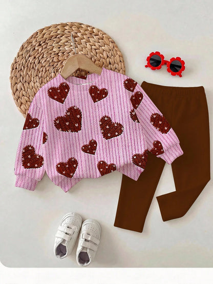 Baby Girl Casual Cute Textured Polka Dot Heart Pattern, Sweet Cream Style, Round Neck Long Sleeve Sweatshirt & Leggings 2-Piece Set, Suitable For Autumn/Winter, Graphic, Cozy, Girls Outfit Sets, Y2K