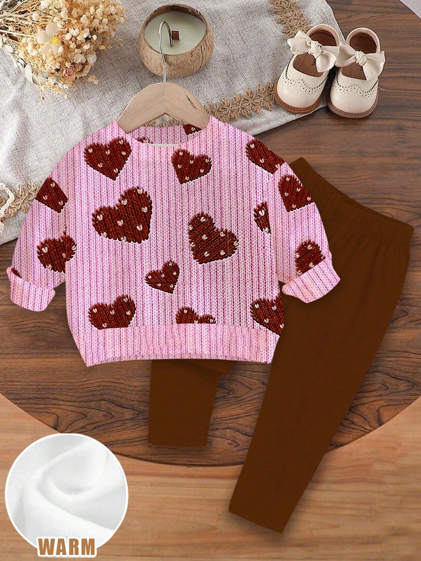Baby Girl Casual Cute Textured Polka Dot Heart Pattern, Sweet Cream Style, Round Neck Long Sleeve Sweatshirt & Leggings 2-Piece Set, Suitable For Autumn/Winter, Graphic, Cozy, Girls Outfit Sets, Y2K