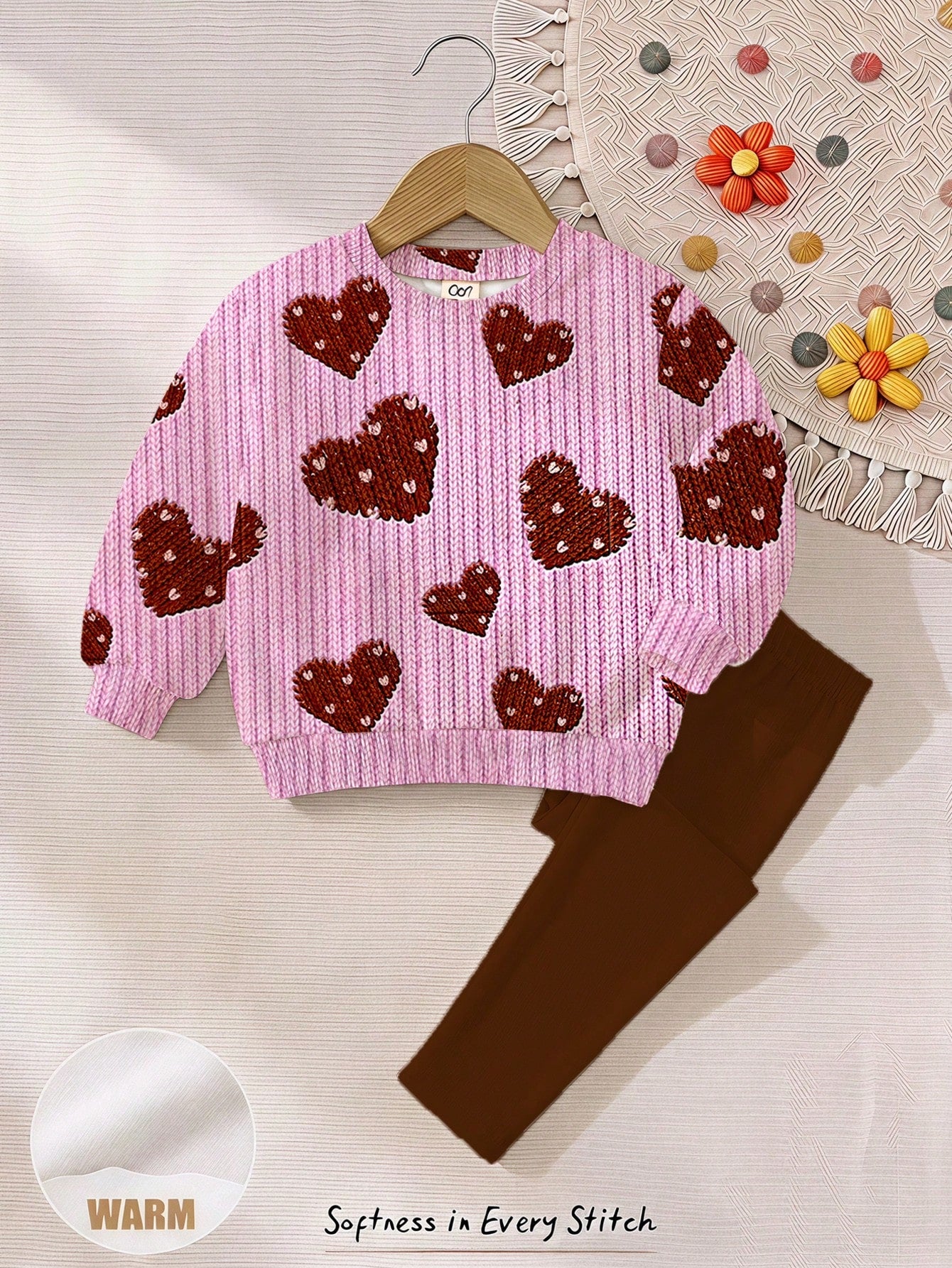 Baby Girl Casual Cute Textured Polka Dot Heart Pattern, Sweet Cream Style, Round Neck Long Sleeve Sweatshirt & Leggings 2-Piece Set, Suitable For Autumn/Winter, Graphic, Cozy, Girls Outfit Sets, Y2K