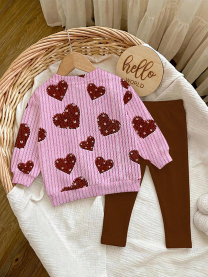 Baby Girl Casual Cute Textured Polka Dot Heart Pattern, Sweet Cream Style, Round Neck Long Sleeve Sweatshirt & Leggings 2-Piece Set, Suitable For Autumn/Winter, Graphic, Cozy, Girls Outfit Sets, Y2K