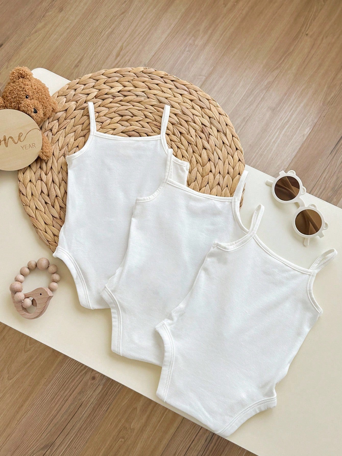 Baby Girl Casual Knitted Solid Color Bodysuit Camisole 3pcs/Set With Snaps