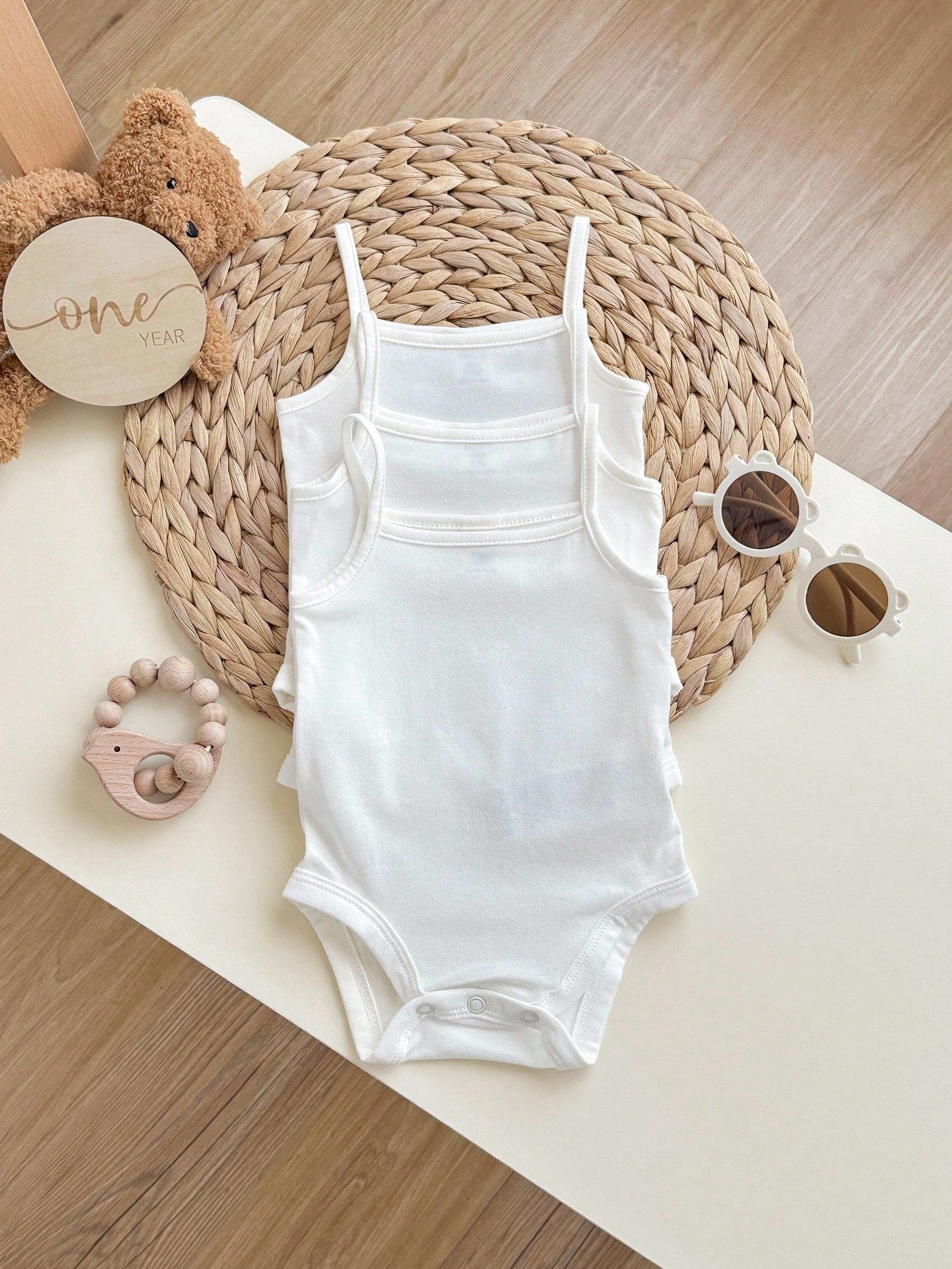 Baby Girl Casual Knitted Solid Color Bodysuit Camisole 3pcs/Set With Snaps