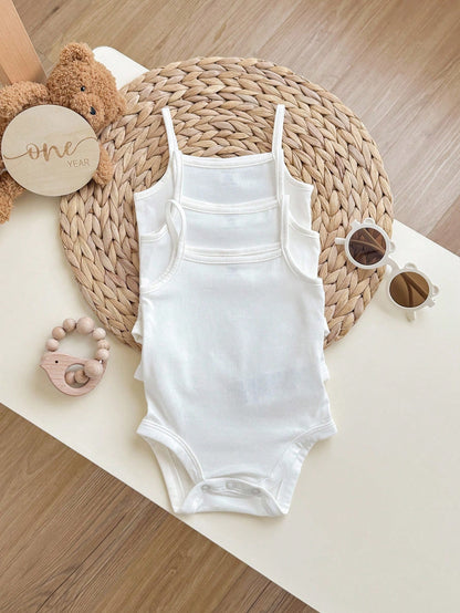 Baby Girl Casual Knitted Solid Color Bodysuit Camisole 3pcs/Set With Snaps