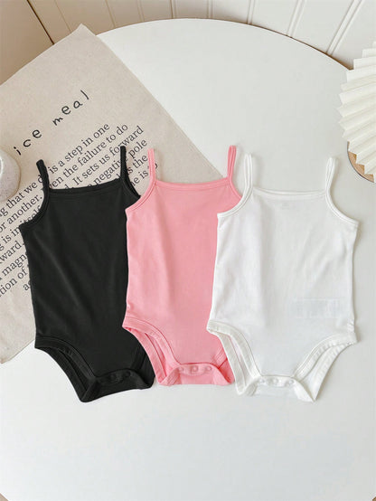 Baby Girl Casual Knitted Solid Color Bodysuit Camisole 3pcs/Set With Snaps