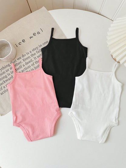 Baby Girl Casual Knitted Solid Color Bodysuit Camisole 3pcs/Set With Snaps