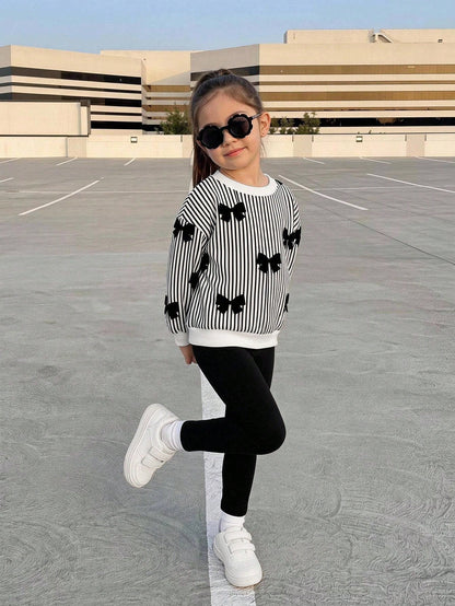 Baby Girl Casual Stripe Bow Loose Crew Neck Long Sleeves Sweatshirt And Elastic Waist Long Pants Set Autumn/Winter Warm Comfy