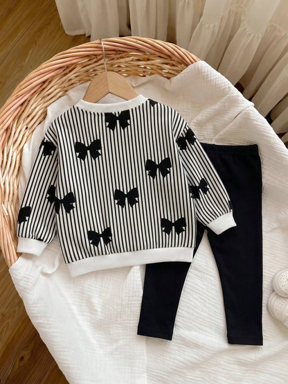 Baby Girl Casual Stripe Bow Loose Crew Neck Long Sleeves Sweatshirt And Elastic Waist Long Pants Set Autumn/Winter Warm Comfy