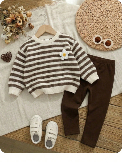 Baby Girl Casual Stripe Bow Loose Crew Neck Long Sleeves Sweatshirt And Elastic Waist Long Pants Set Autumn/Winter Warm Comfy