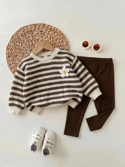 Baby Girl Casual Stripe Bow Loose Crew Neck Long Sleeves Sweatshirt And Elastic Waist Long Pants Set Autumn/Winter Warm Comfy