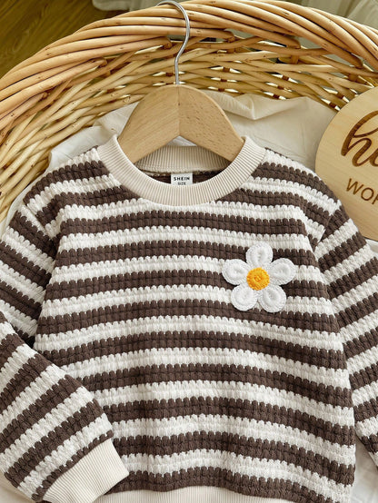 Baby Girl Casual Stripe Bow Loose Crew Neck Long Sleeves Sweatshirt And Elastic Waist Long Pants Set Autumn/Winter Warm Comfy