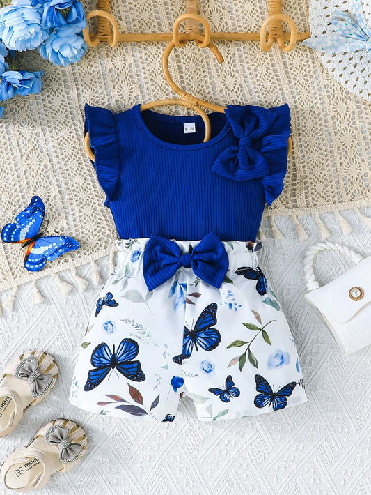 Baby Girl Clothing Summer Baby Girl Set Cap Sleeve Cute Bow Top & Butterfly Print Casual Shorts 2 Pieces Outfit
