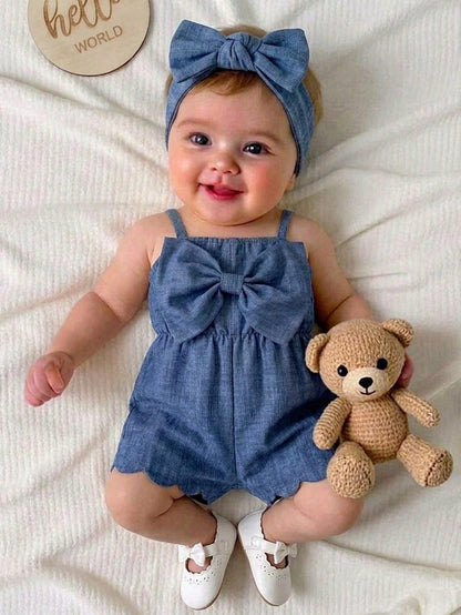Baby Girl Cute Casual Cute Summer Bow Decor Spaghetti Strap Romper Family Photoshoot Blue