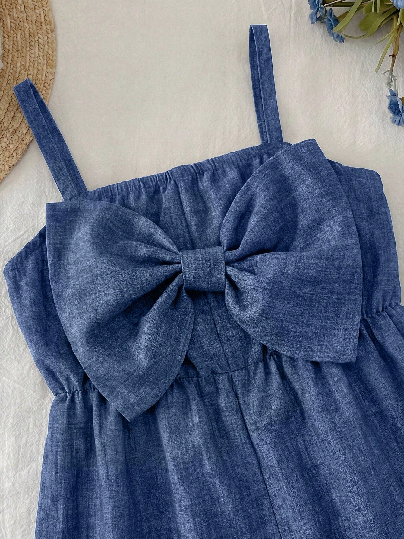 Baby Girl Cute Casual Cute Summer Bow Decor Spaghetti Strap Romper Family Photoshoot Blue