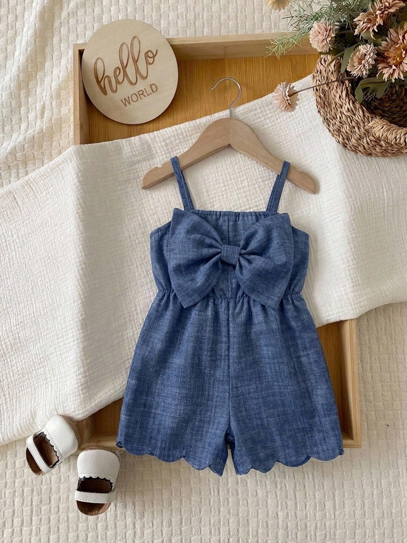 Baby Girl Cute Casual Cute Summer Bow Decor Spaghetti Strap Romper Family Photoshoot Blue