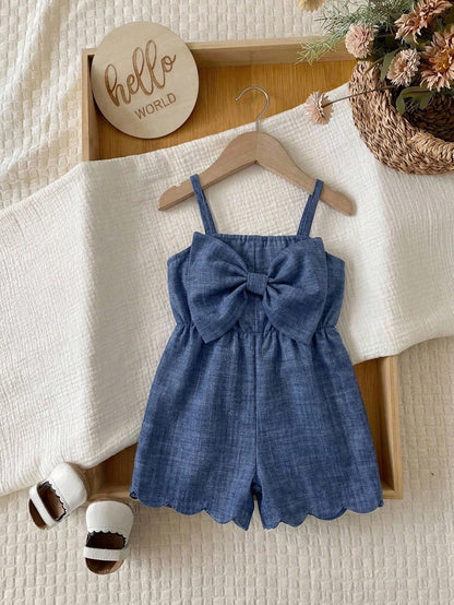Baby Girl Cute Casual Cute Summer Bow Decor Spaghetti Strap Romper Family Photoshoot Blue