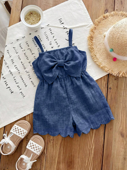 Baby Girl Cute Casual Cute Summer Bow Decor Spaghetti Strap Romper Family Photoshoot Blue