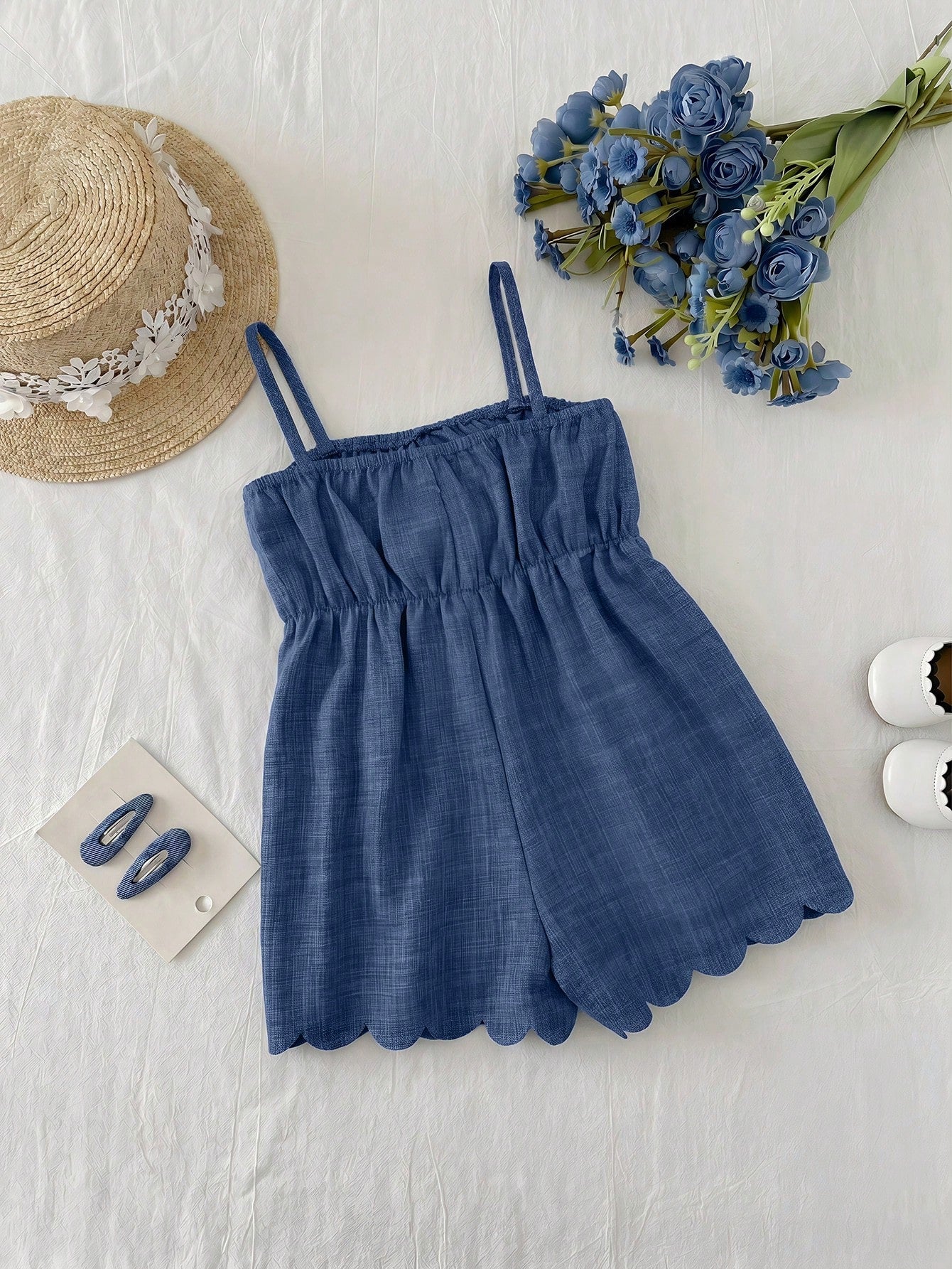 Baby Girl Cute Casual Cute Summer Bow Decor Spaghetti Strap Romper Family Photoshoot Blue