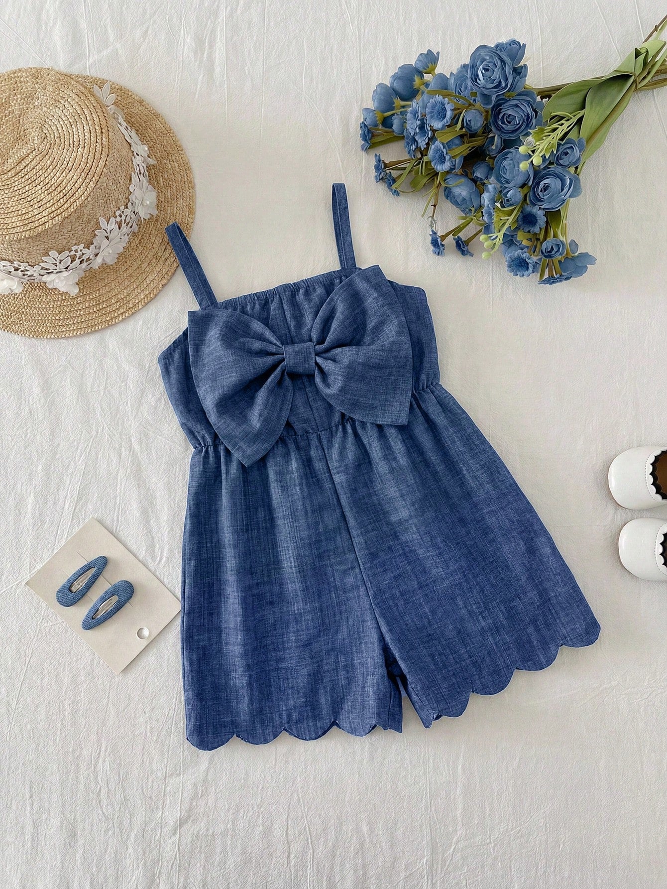 Baby Girl Cute Casual Cute Summer Bow Decor Spaghetti Strap Romper Family Photoshoot Blue