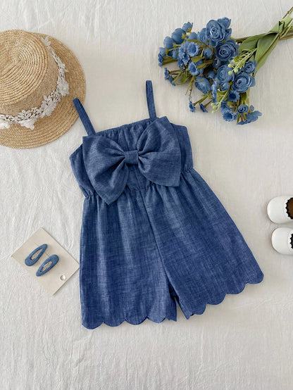 Baby Girl Cute Casual Cute Summer Bow Decor Spaghetti Strap Romper Family Photoshoot Blue