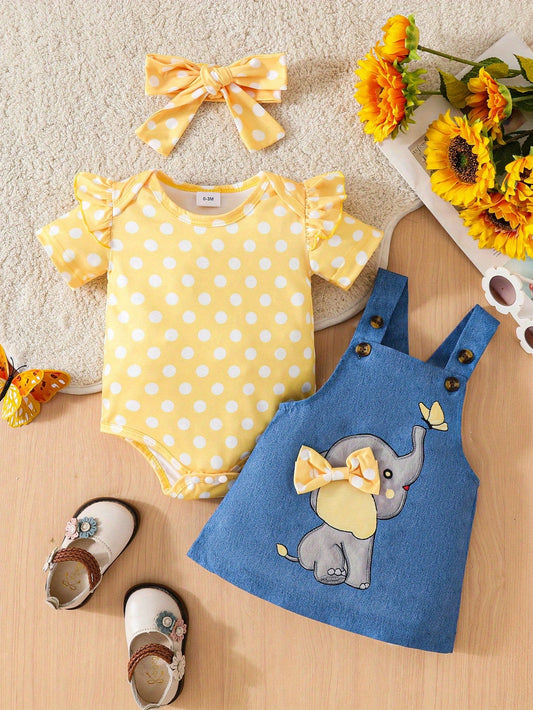 Baby Girl Cute Elephant Dress Set, Casual Short Sleeve Polka Dot Romper And Elephant Strap Dress, Suitable For Toddlers And Infants