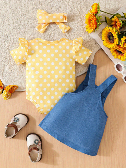 Baby Girl Cute Elephant Dress Set, Casual Short Sleeve Polka Dot Romper And Elephant Strap Dress, Suitable For Toddlers And Infants