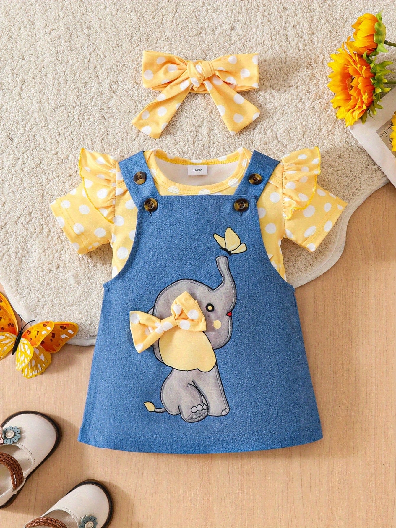 Baby Girl Cute Elephant Dress Set, Casual Short Sleeve Polka Dot Romper And Elephant Strap Dress, Suitable For Toddlers And Infants