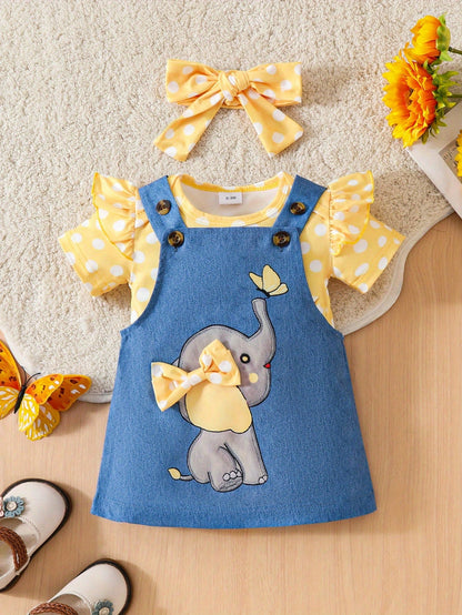 Baby Girl Cute Elephant Dress Set, Casual Short Sleeve Polka Dot Romper And Elephant Strap Dress, Suitable For Toddlers And Infants