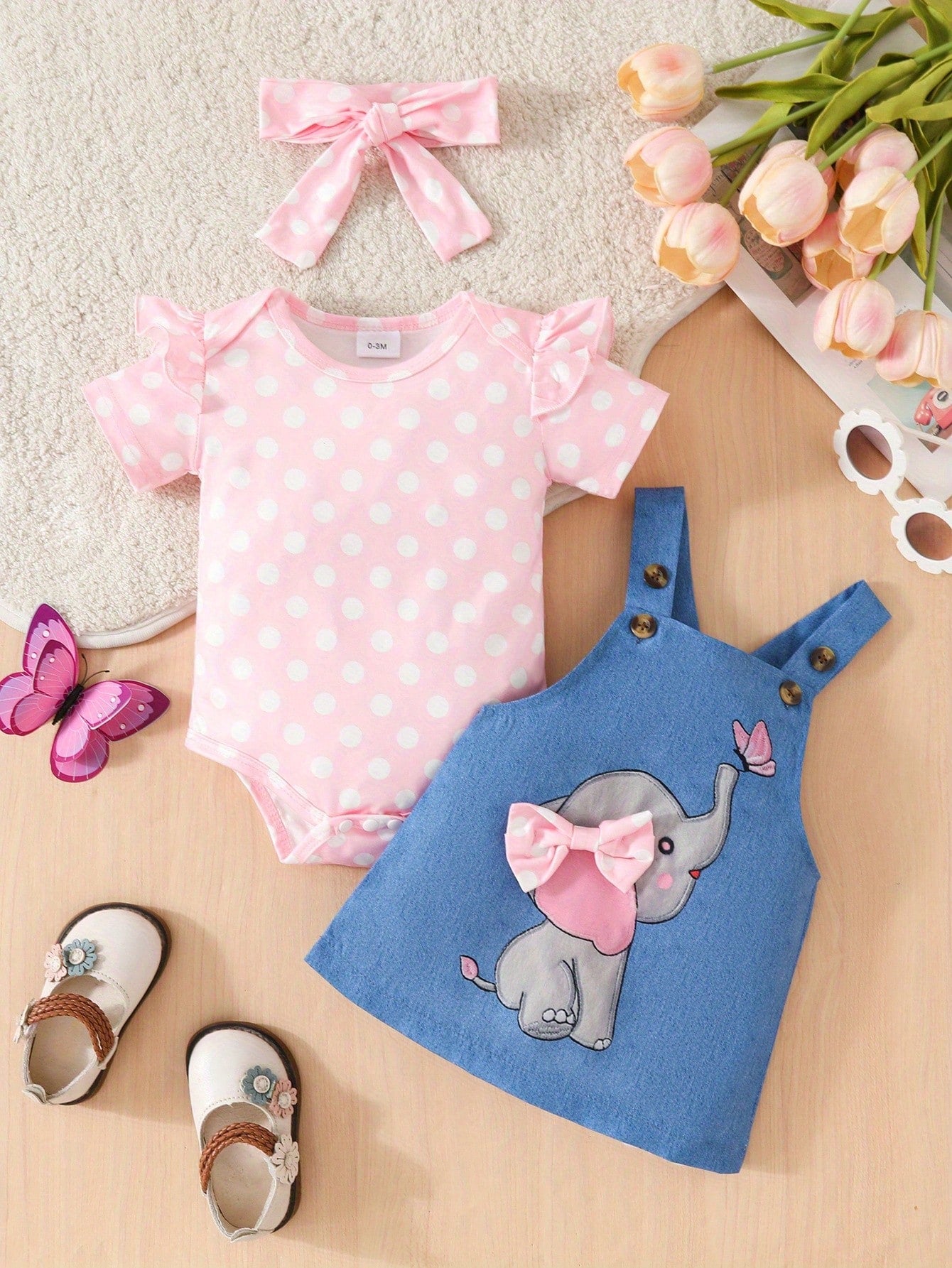 Baby Girl Cute Elephant Dress Set, Casual Short Sleeve Polka Dot Romper And Elephant Strap Dress, Suitable For Toddlers And Infants