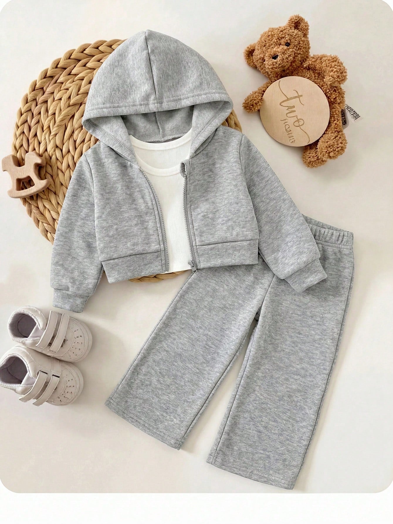 Baby Girl Cute Grey Knit Hooded Jacket And Elastic Waist Long Pants Set