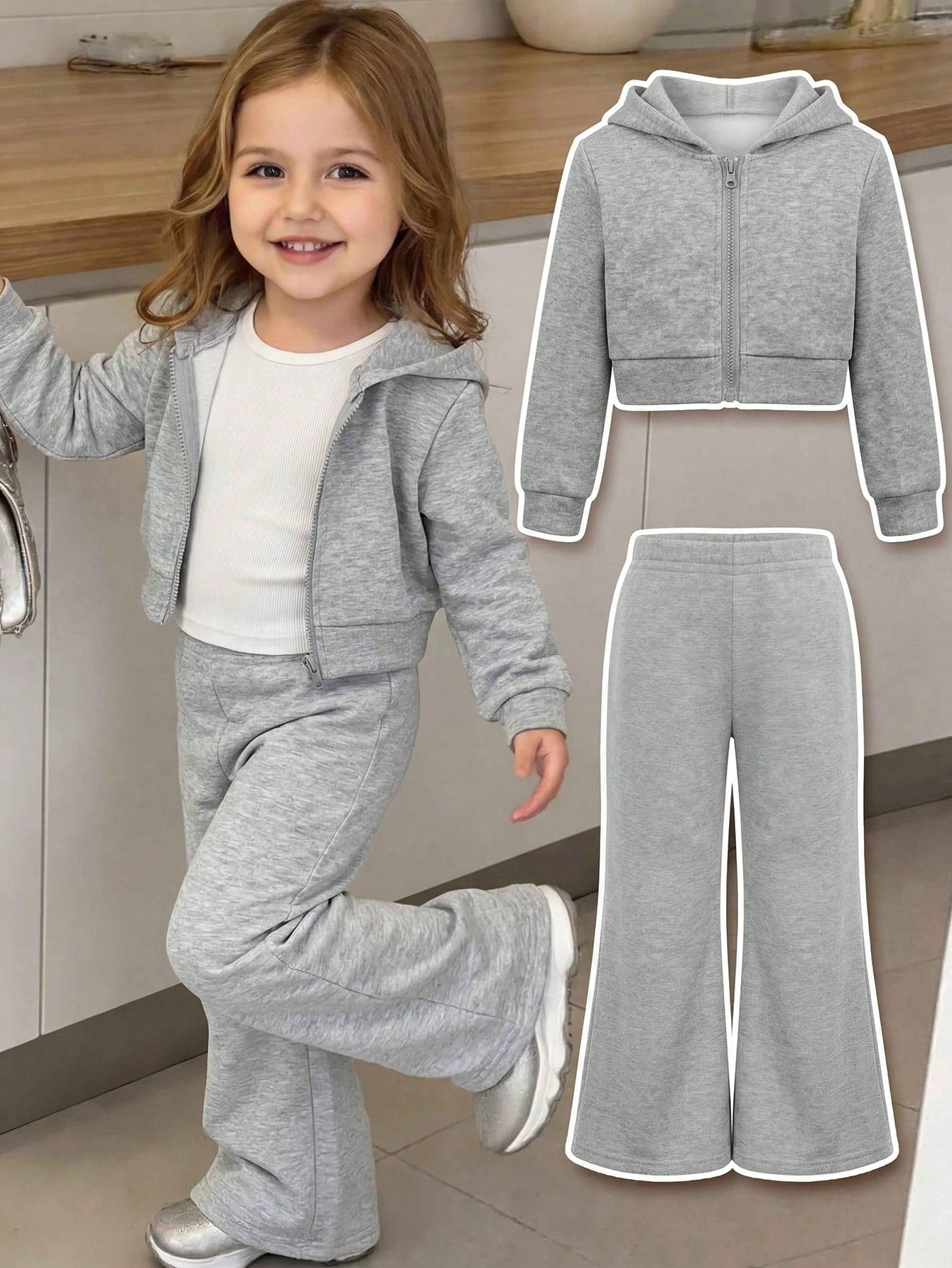 Baby Girl Cute Grey Knit Hooded Jacket And Elastic Waist Long Pants Set