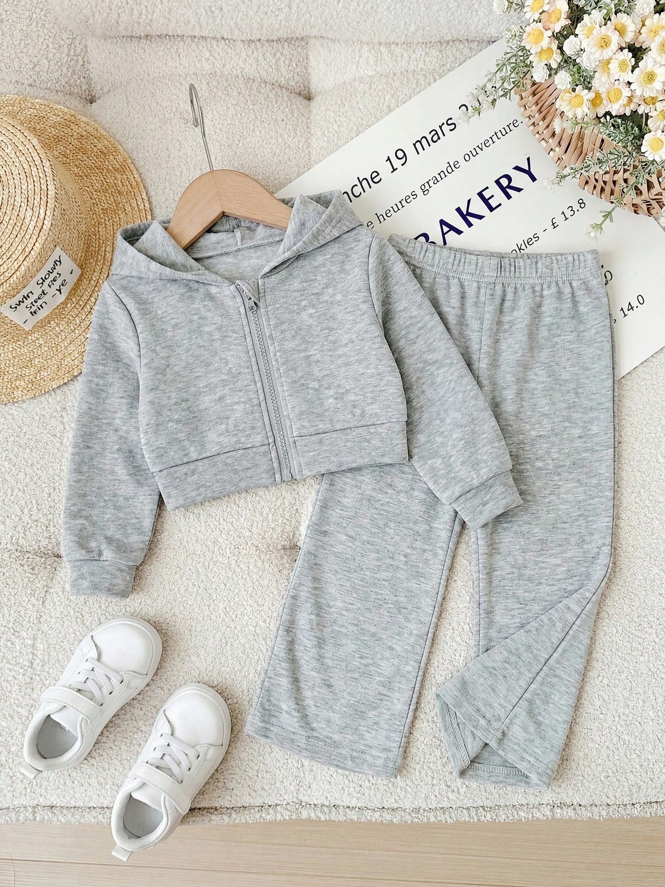 Baby Girl Cute Grey Knit Hooded Jacket And Elastic Waist Long Pants Set