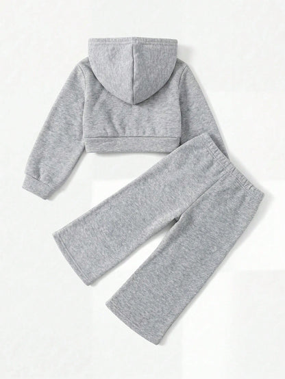 Baby Girl Cute Grey Knit Hooded Jacket And Elastic Waist Long Pants Set