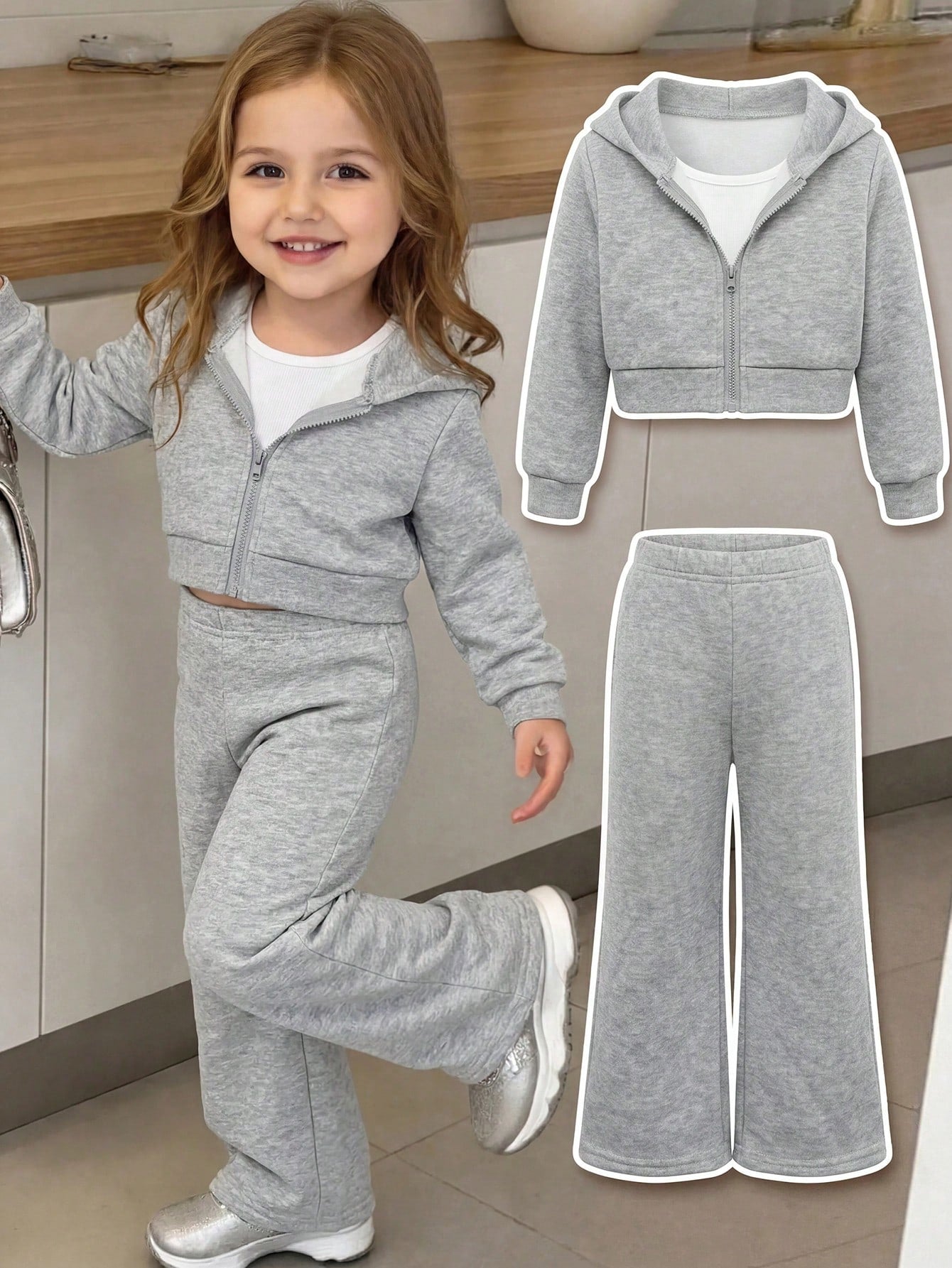 Baby Girl Cute Grey Knit Hooded Jacket And Elastic Waist Long Pants Set