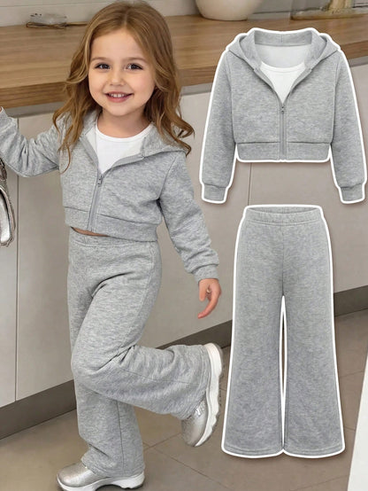 Baby Girl Cute Grey Knit Hooded Jacket And Elastic Waist Long Pants Set