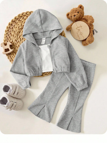 Baby Girl Cute Grey Knit Hooded Jacket And Elastic Waist Long Pants Set