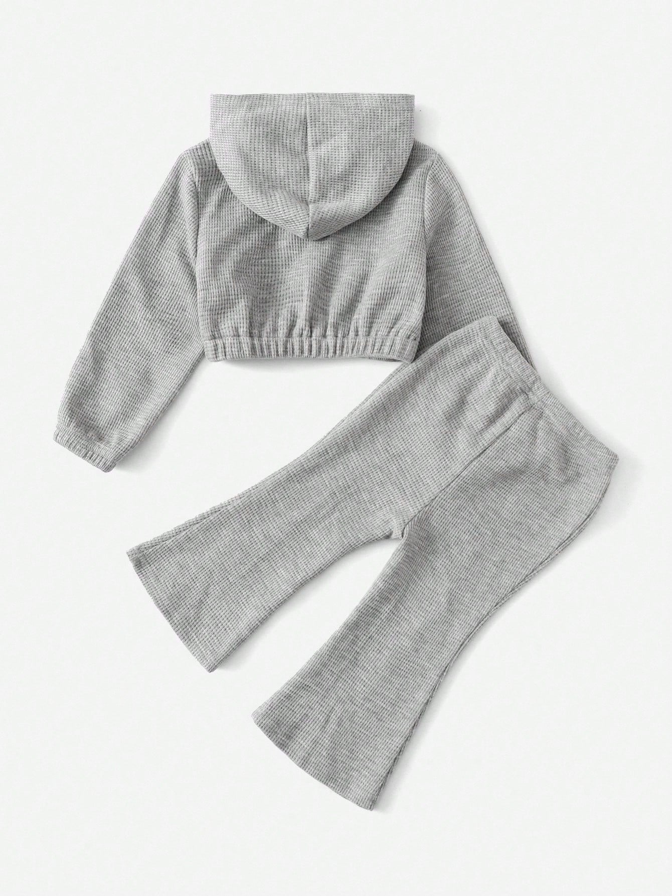 Baby Girl Cute Grey Knit Hooded Jacket And Elastic Waist Long Pants Set