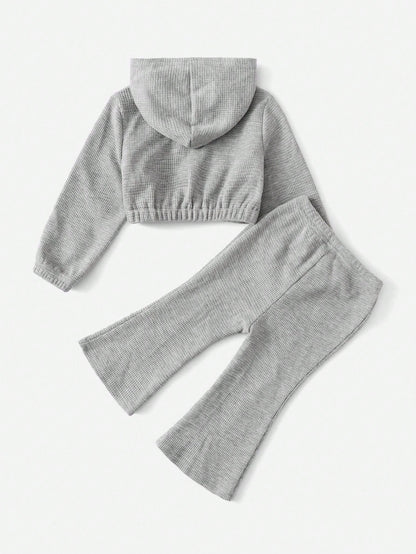 Baby Girl Cute Grey Knit Hooded Jacket And Elastic Waist Long Pants Set